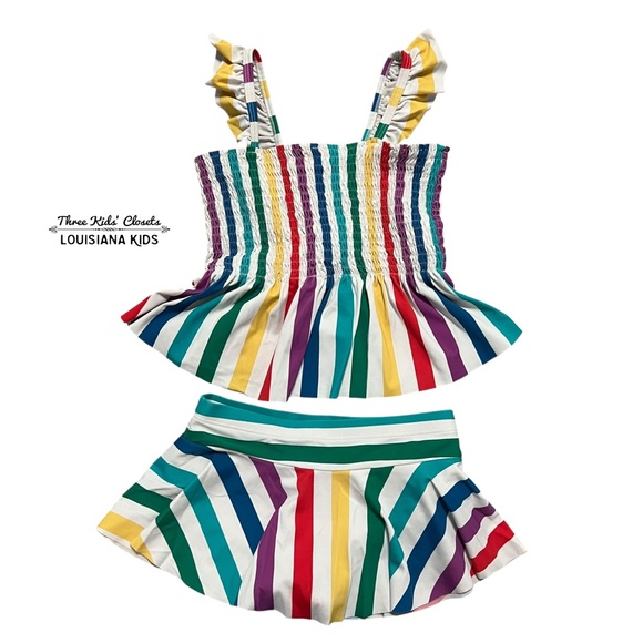 Hanna Andersson Sz 120 (6-7Y) Rainbow Striped Peplum Skirted Bikini Swimsuit - Picture 1 of 10
